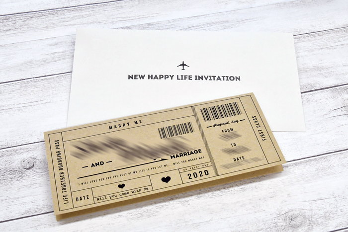 オリジナル実例集 プロポーズに使える 航空チケット風デザイン招待状 おしゃれな結婚式を綴るコラム ファルベ
