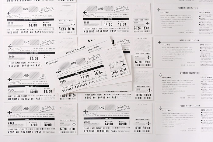 オリジナル実例集 ひと目で見てわかりやすいデザイン 航空券チケット風招待状 おしゃれな結婚式を綴るコラム ファルベ