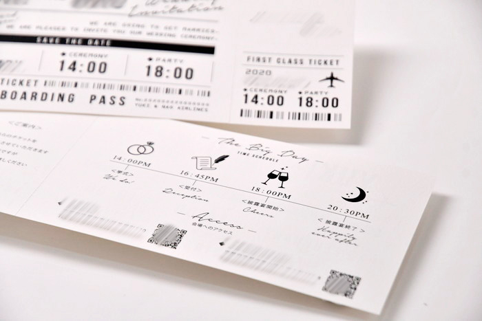 オリジナル実例集 ひと目で見てわかりやすいデザイン 航空券チケット風招待状 おしゃれな結婚式を綴るコラム ファルベ