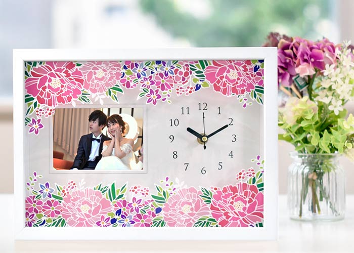 お花プリントフォトフレーム時計(メッセージ付)「牡丹」