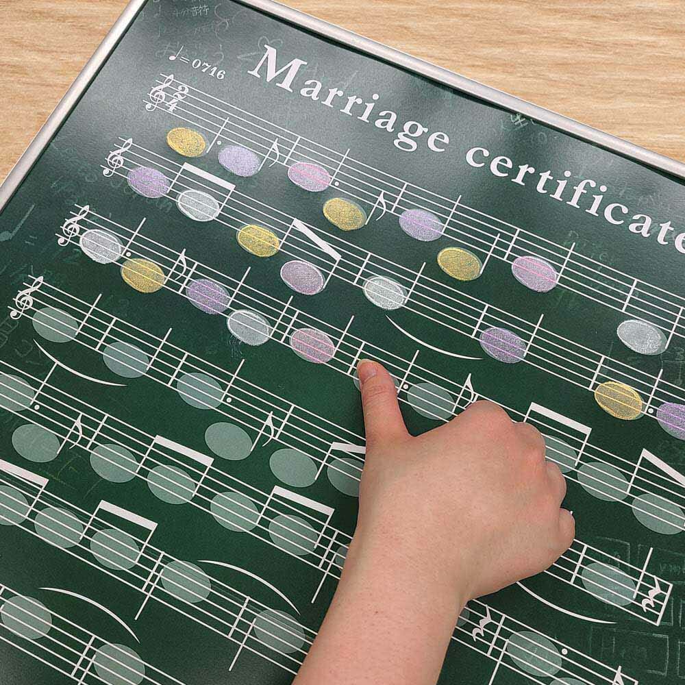 ドレミの歌の音譜をスタンプで仕上げていく学校の黒板風結婚証明書