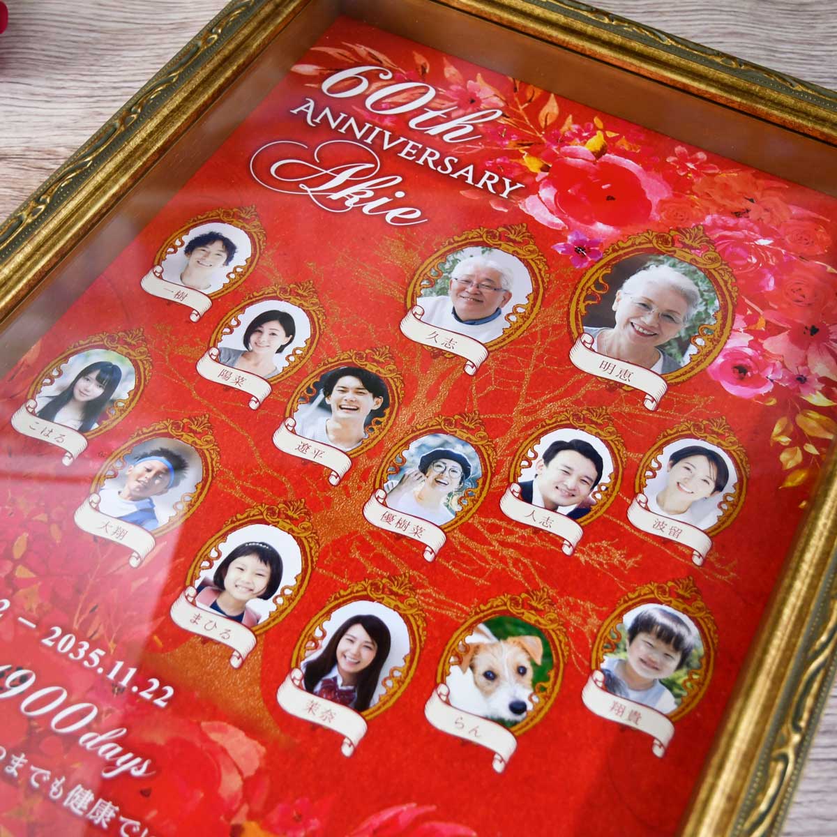 赤を基調とした豪華で素敵なプレゼント家族や親族の成り立ちを1本の木に重ねて表現するファミリーツリー