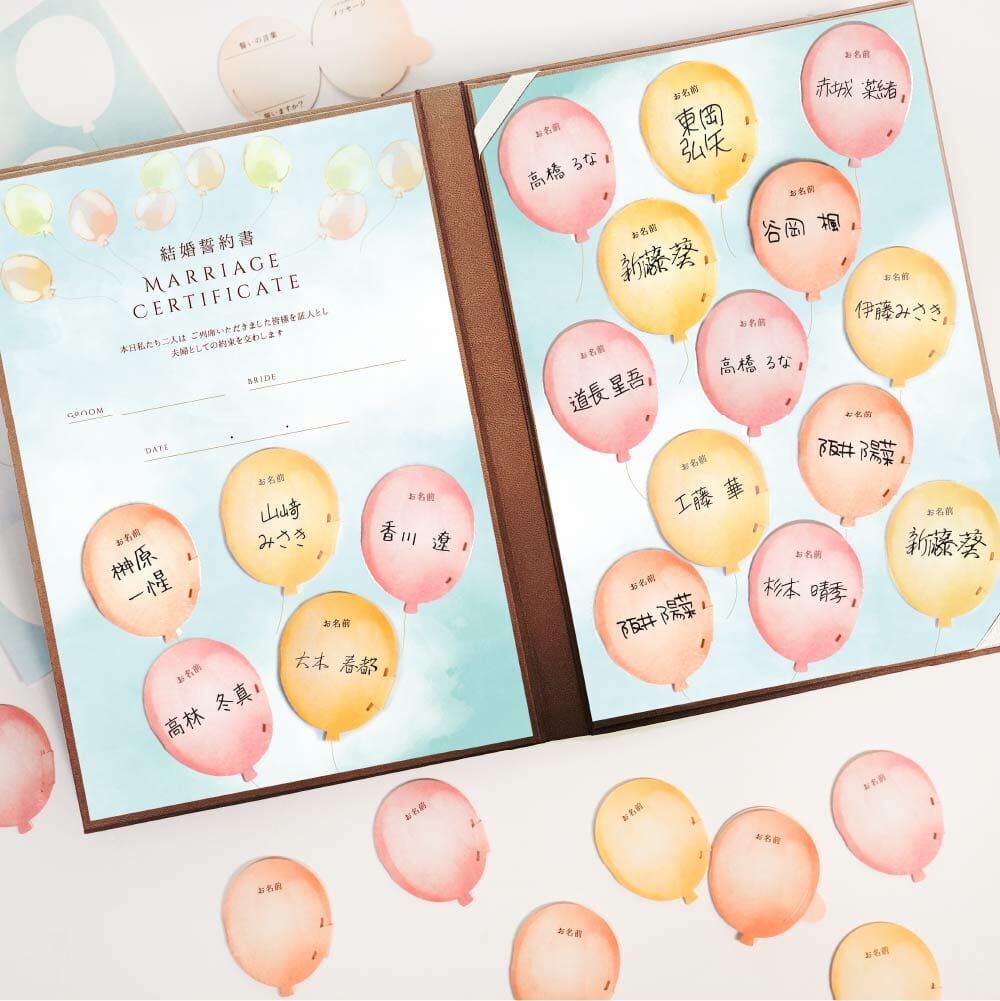 風船型のカードにゲスト名とメッセージと結婚の誓いを入れて貼って完成するゲスト参加型結婚証明書