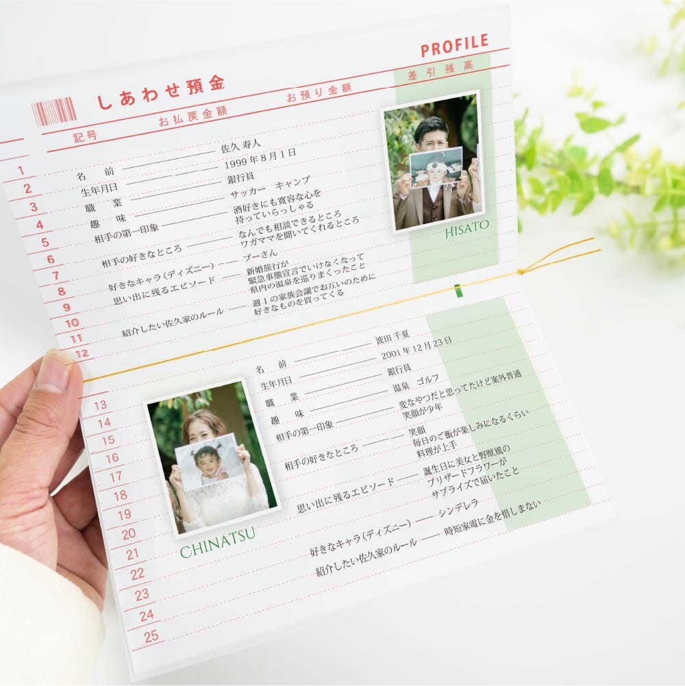 観音開きでプロフィールブックにもなる瀬通帳デザインの席次表