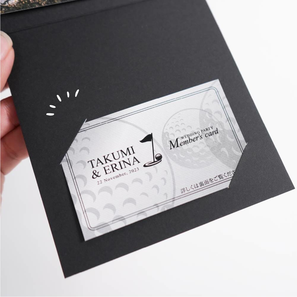 返信ハガキをWEB返信にしたQRコード入りのゴルフ会員証デザインのカード入り招待状