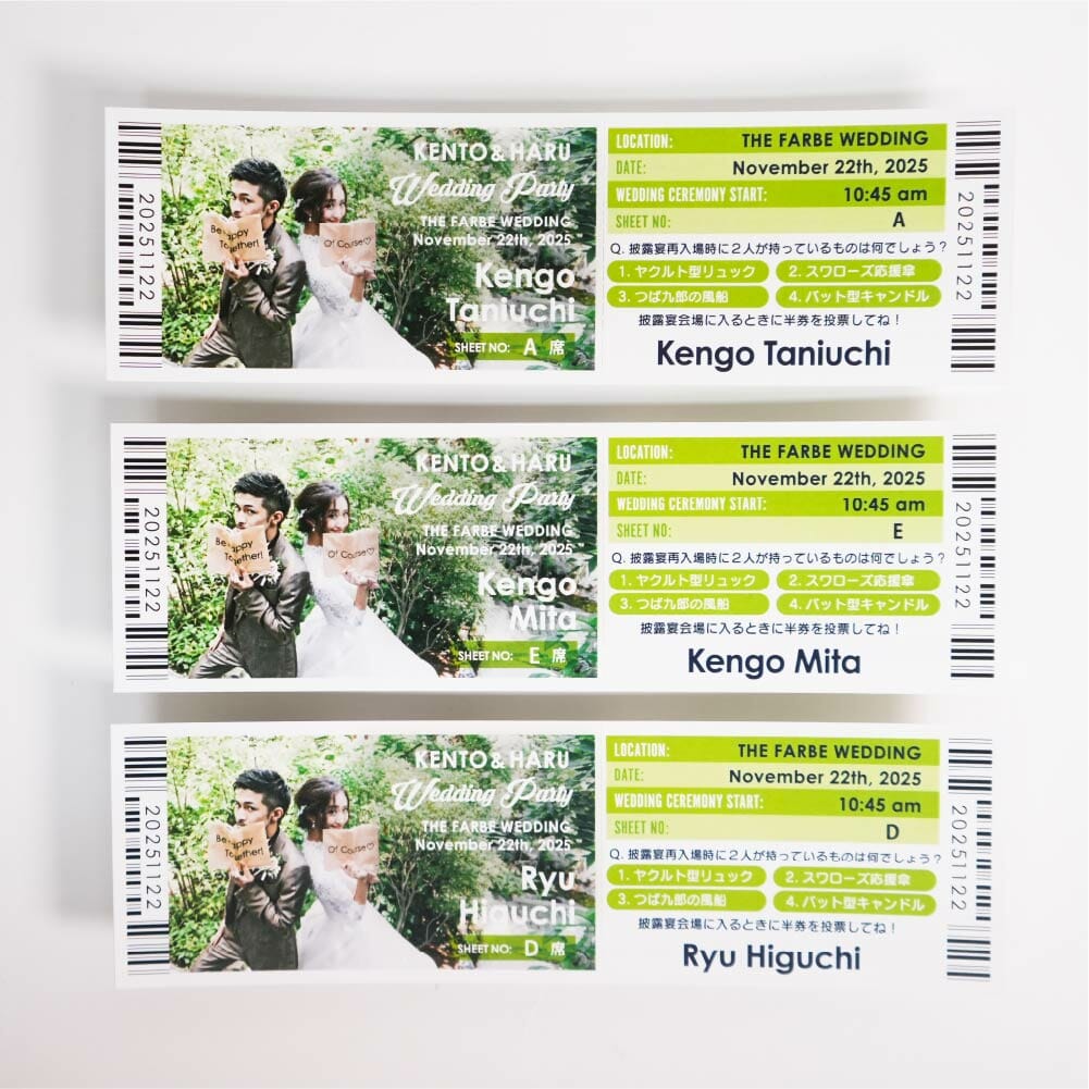 ヤクルトファンが作ったヤクルトエンパワーグリーンのカラーでデザインした観戦チケット風のミシン目入りのクイズ付きのエスコートカード