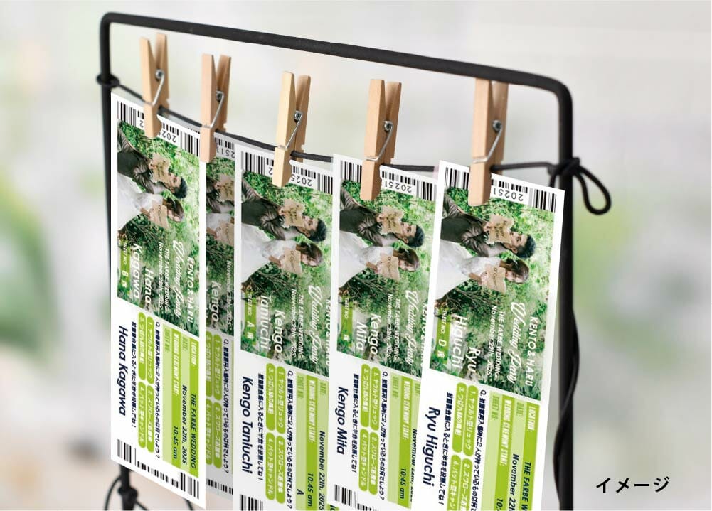 新郎新婦の写真入りエンパワーグリーンをモチーフにしたヤクルトスワローズファンが作ったエスコートカード