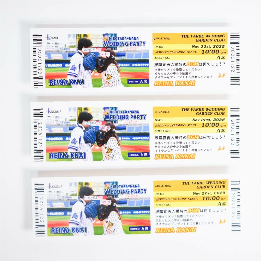 横浜ベイスターズファンと阪神タイガースファンの新郎神がつくった写真入りのクイズ付き観戦チケット風のエスコートカード