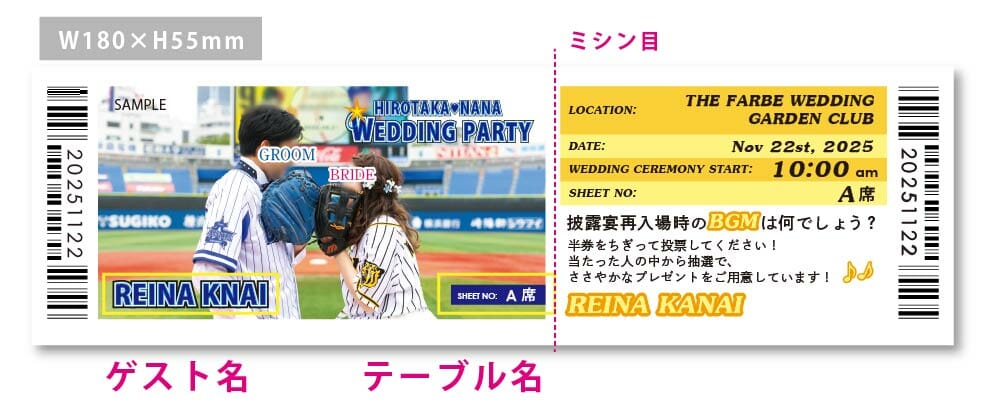 横浜ベイスターズファンと阪神タイガースファンの新郎神がつくったクイズ付き観戦チケット風のエスコートカード