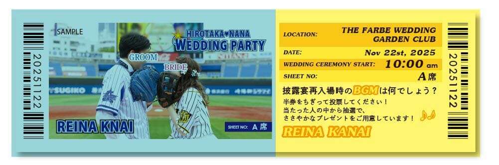 横浜DeNAベイスターズファンと阪神タイガースファンの新郎神がつくった写真入りのクイズ付き観戦チケット風のエスコートカード