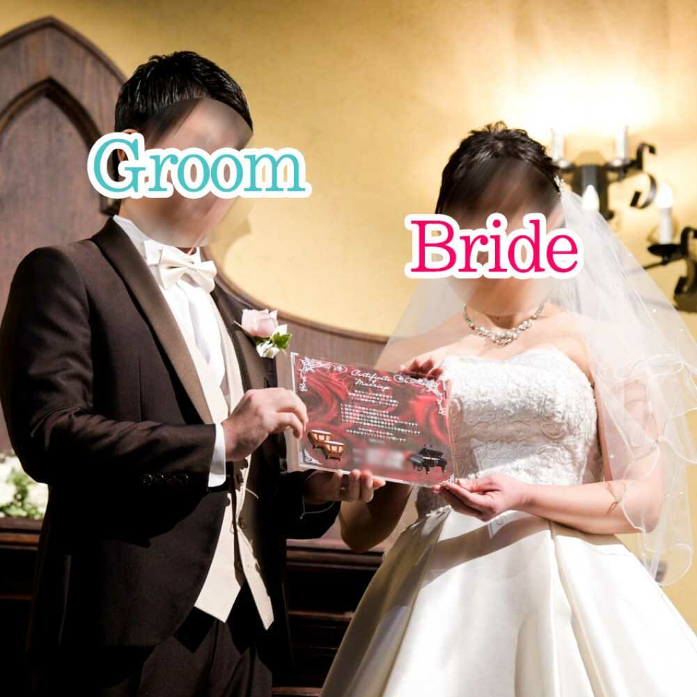 結婚式当日は裏にデザインシートを貼って読みやすく仕上げたアクリルの結婚証明書