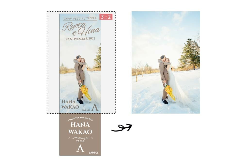 縦向きの写真を使用した結婚式のエスコートカード