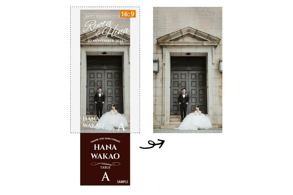縦長の写真を使用した結婚式のエスコートカード