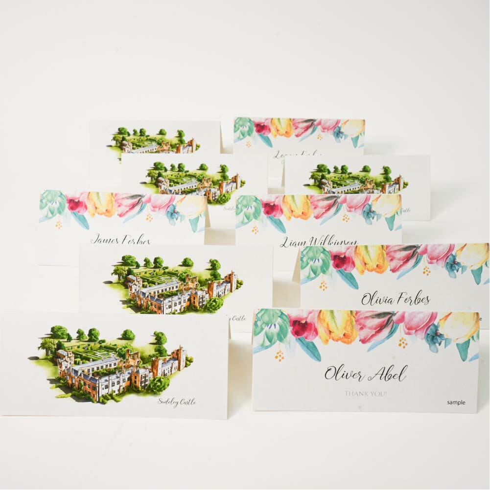 教会のイラスト入りにアレンジした二つ折りのチューリップ柄の結婚式席札