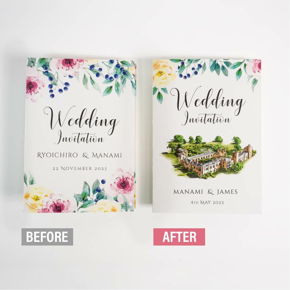 フラワーデザインに教会のイラストを追加アレンジし英語と日本語をW表記した結婚式の招待状