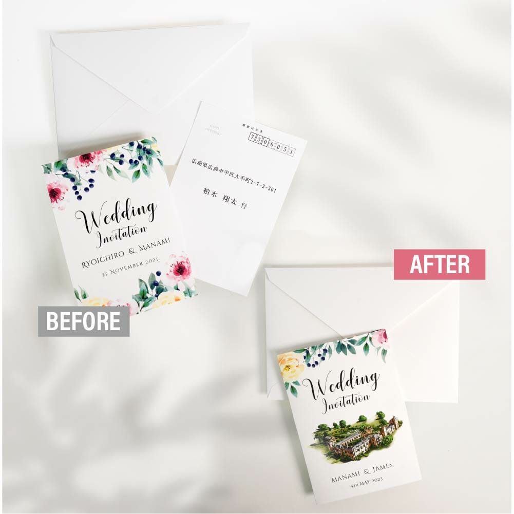 教会のイラスト入りにアレンジした英語入りの結婚式招待状