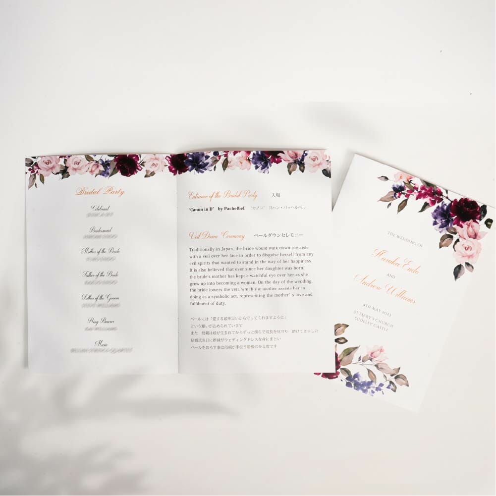 中綴じ冊子にした英語・日本語併記のオリジナルの結婚式式次第