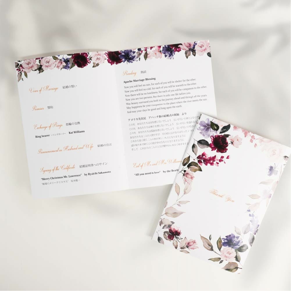バラの花がデザインされた英語表記入りの海外の教会で使用結婚式の式次第