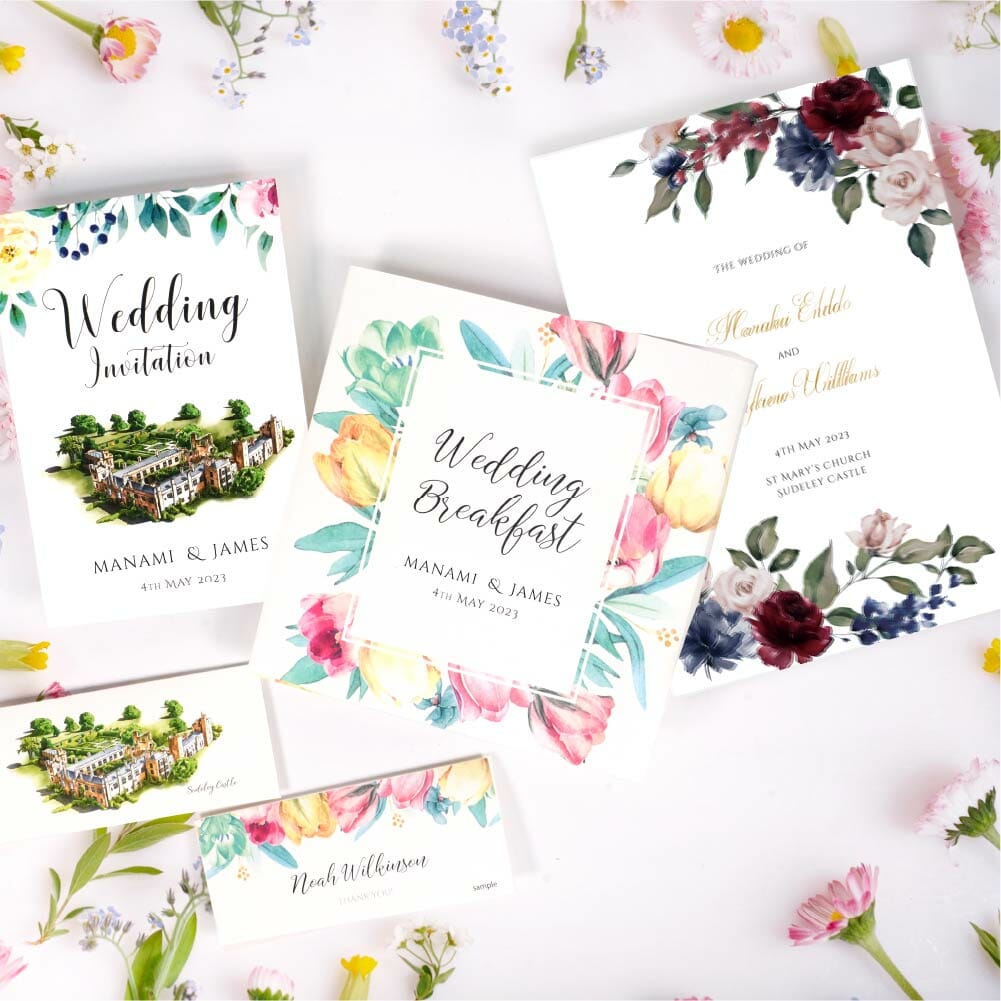 国際結婚で英語と日本語のW表記したフラワーデザインの結婚式のアイテム