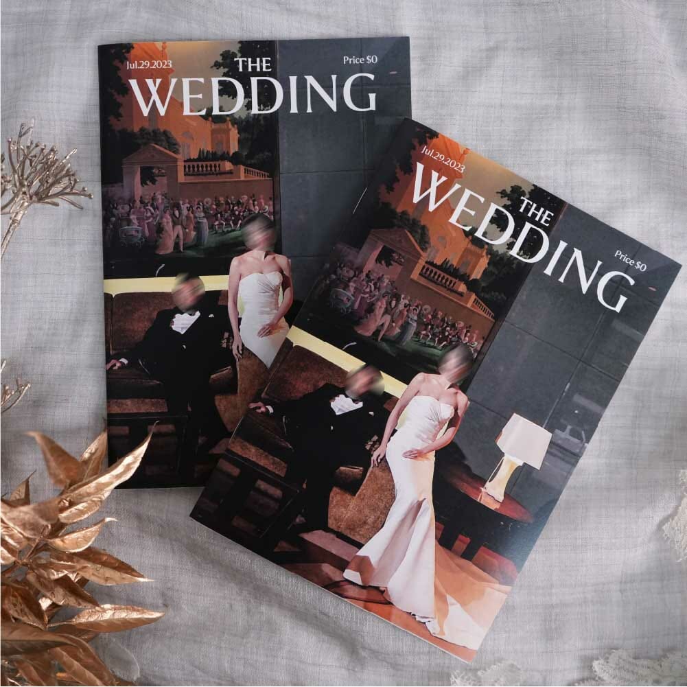 海外で前撮り撮影した写真で作った海外の雑誌風にアレンジした結婚式プロフィールブック