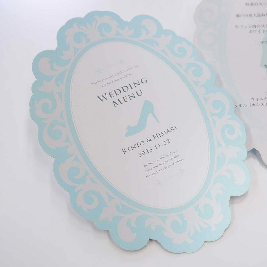 挙式日・新郎新婦名とシンデレラのガラスの靴のイラスト入　