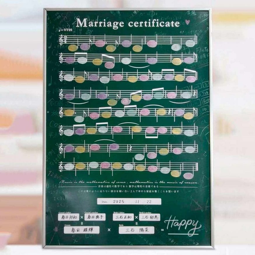今回のもとになったオリジナル実例の黒板風結婚証明書