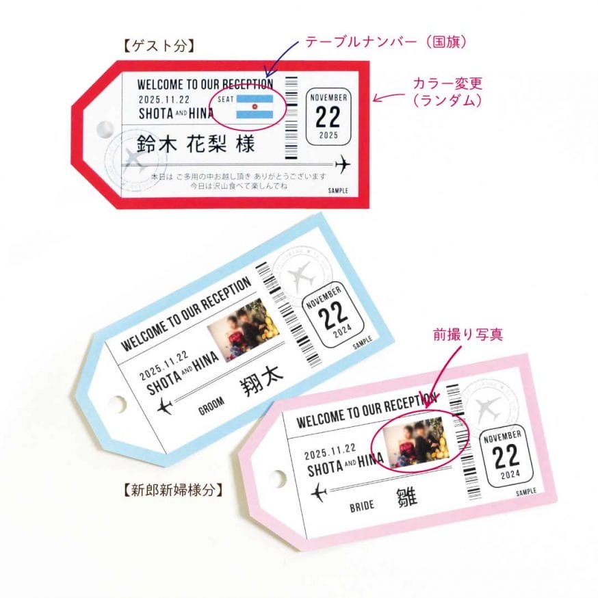 テーブルナンバーを国旗デザインに。新郎新婦様分は前撮り写真を入れて。