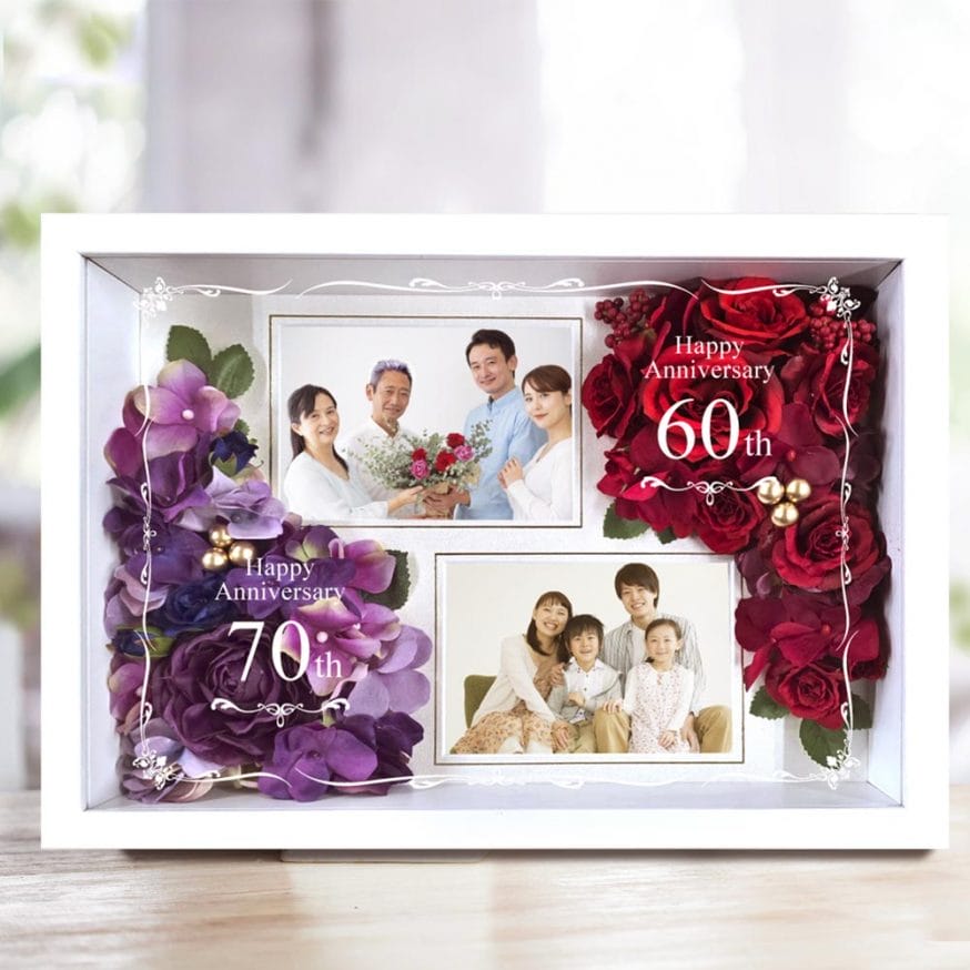 赤（還暦60歳）×紫（古希70歳）を組み合わせてお花をアレンジ