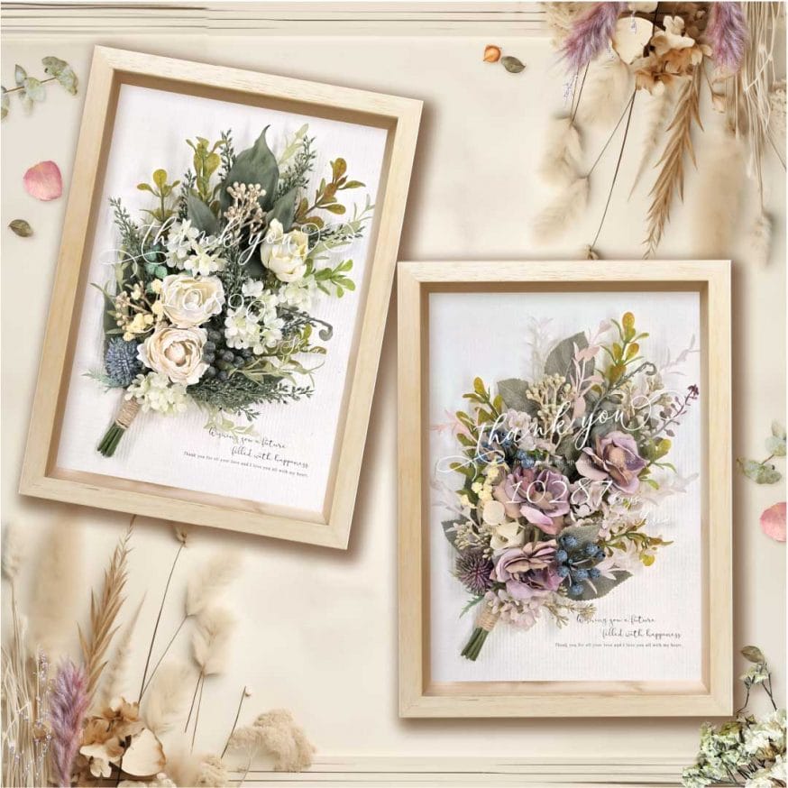 ナチュラルフレームに落ち着いたブーケアレンジの子育て感謝状