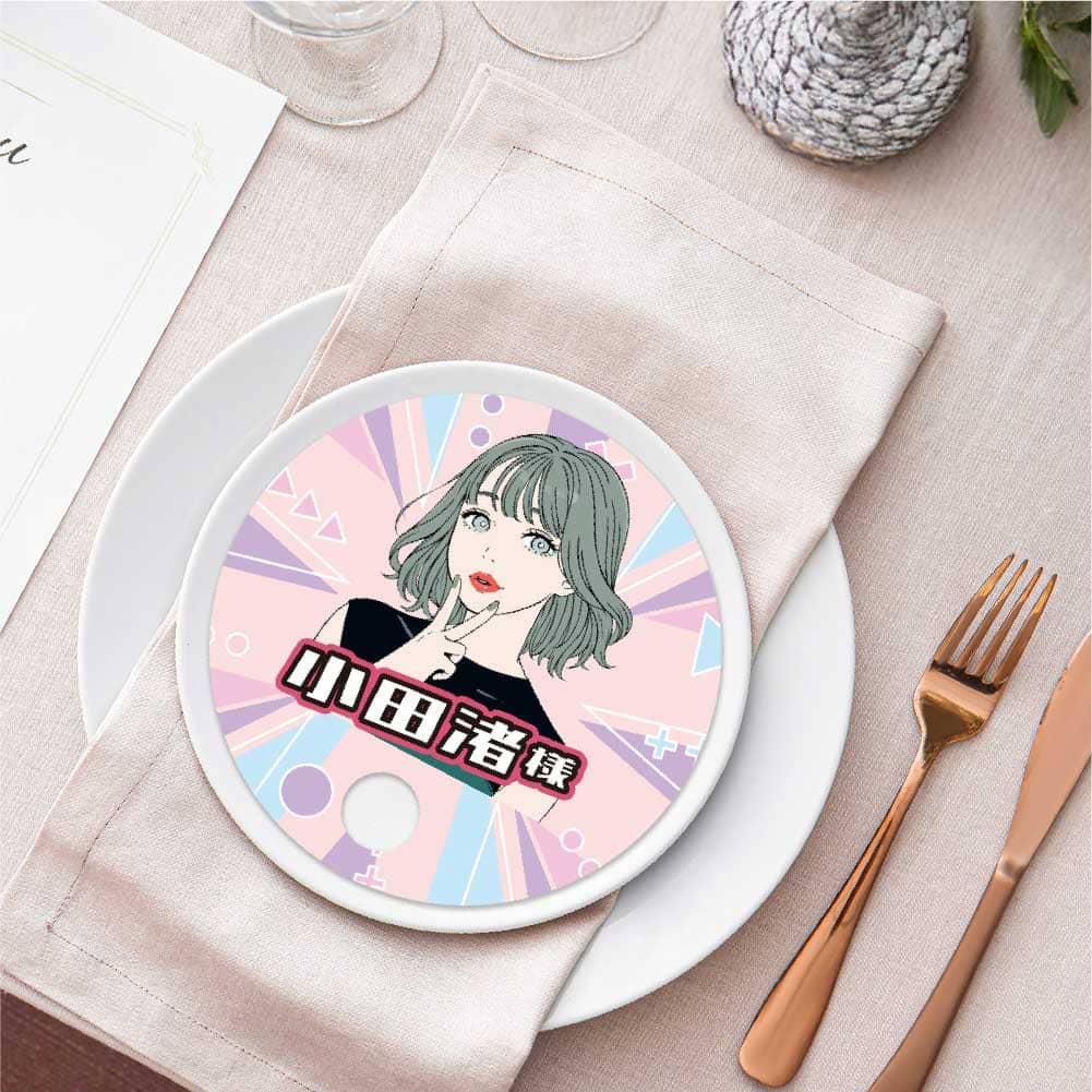 似顔絵メーカーで作ったイラスト入りの結婚式のうちわ席札