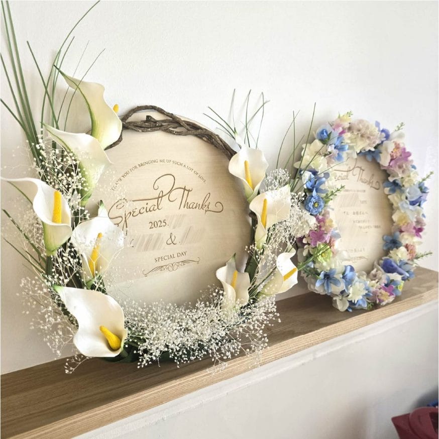 木製リースオリジナルフラワーアレンジのご両親プレゼント