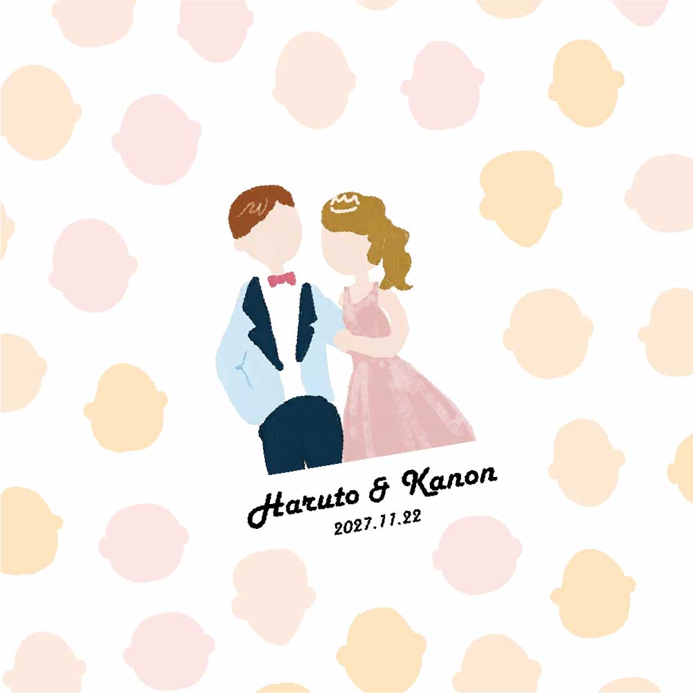 新郎新婦のイラスト入りでゲストにも似顔絵を描いてもらう演出の結婚式アイテム