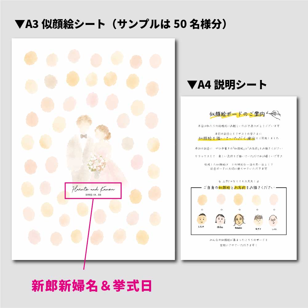 新郎新婦のイラスト入りでゲストにも似顔絵を描いてもらう演出の結婚式アイテム