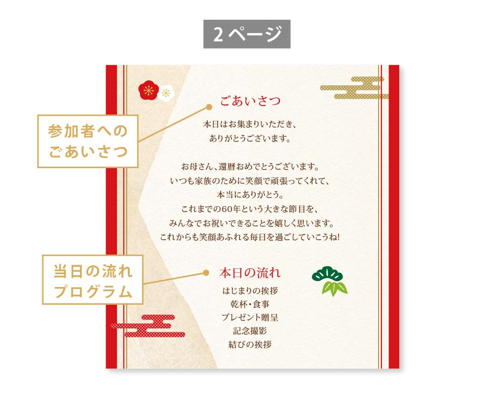 還暦祝いしおりの2ページめ参加者へのごあいさつと当日の流れプログラム