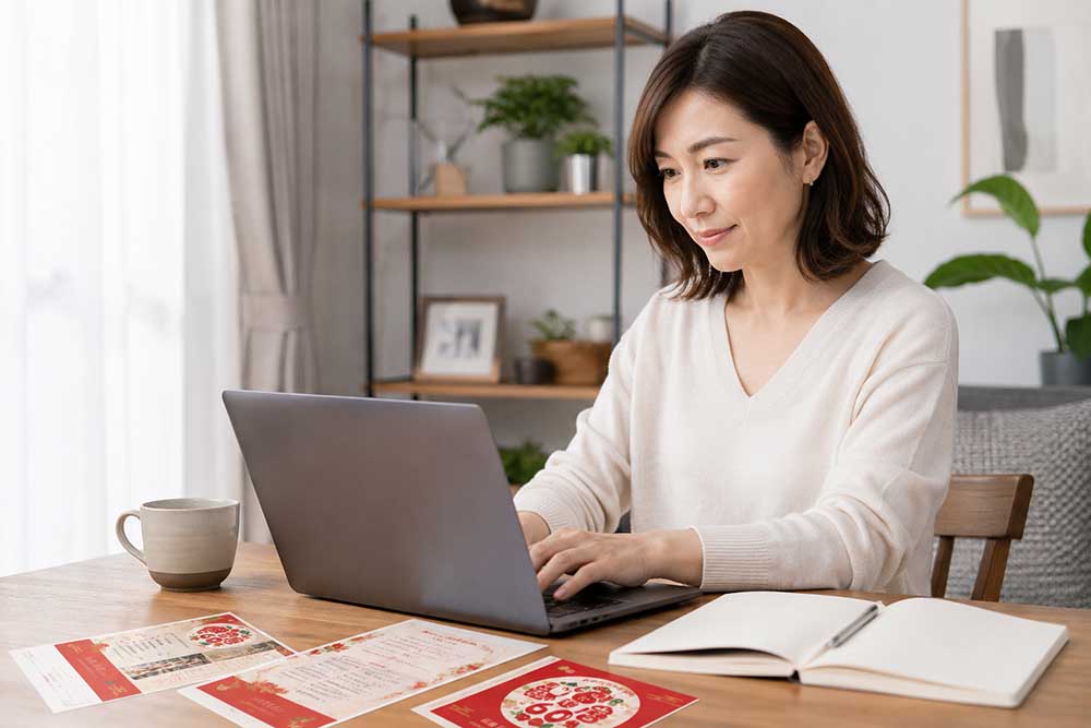 パソコンで還暦祝いのしおりを自作している女性