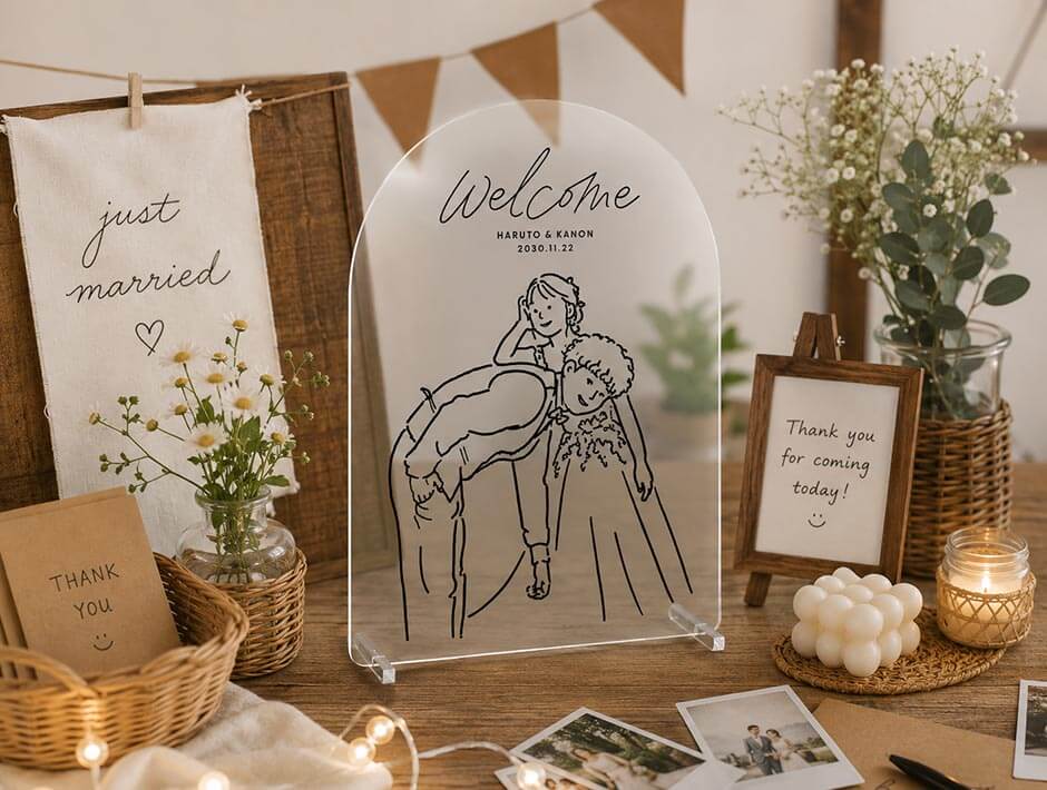 イラストアクリルウェルカムボードを結婚式のウェルカムスペースに飾っている様子