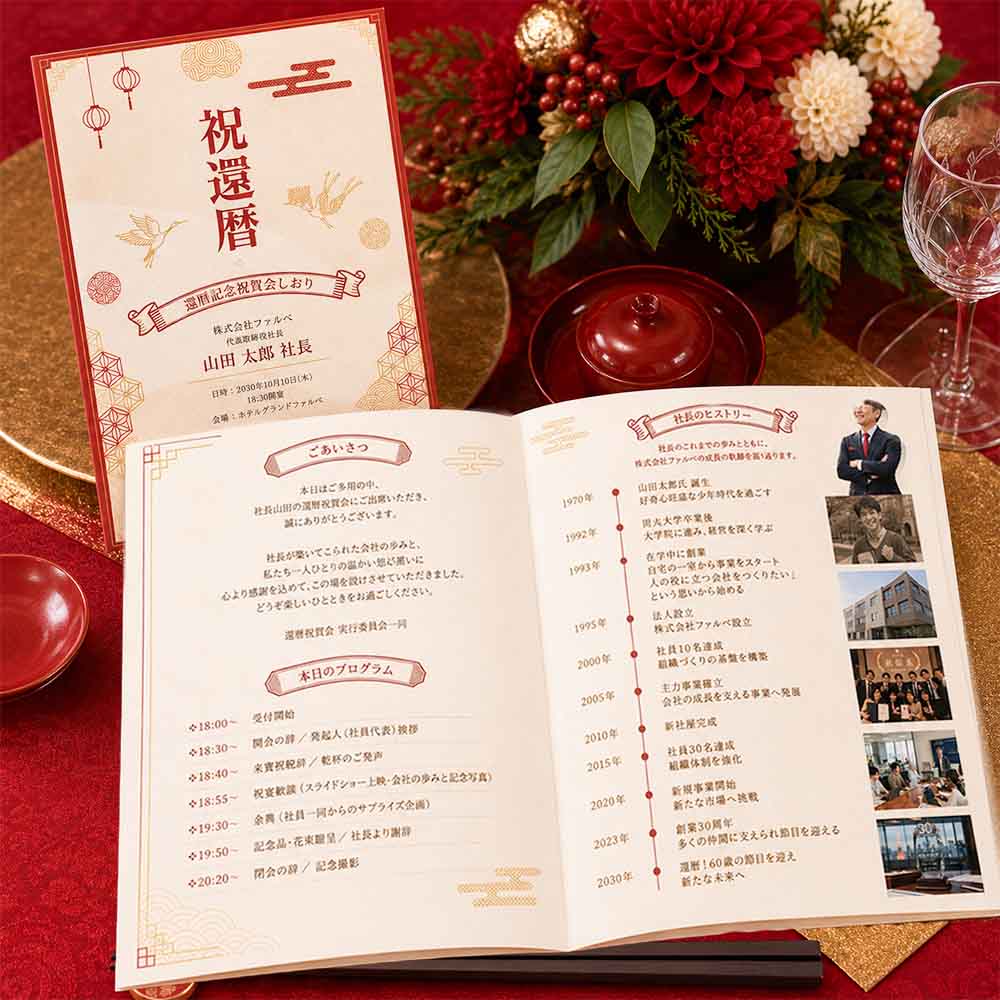 企業の歴史と社長の歩みを中綴じ冊子にまとめた、還暦祝賀会メモリアルプロフィールブック