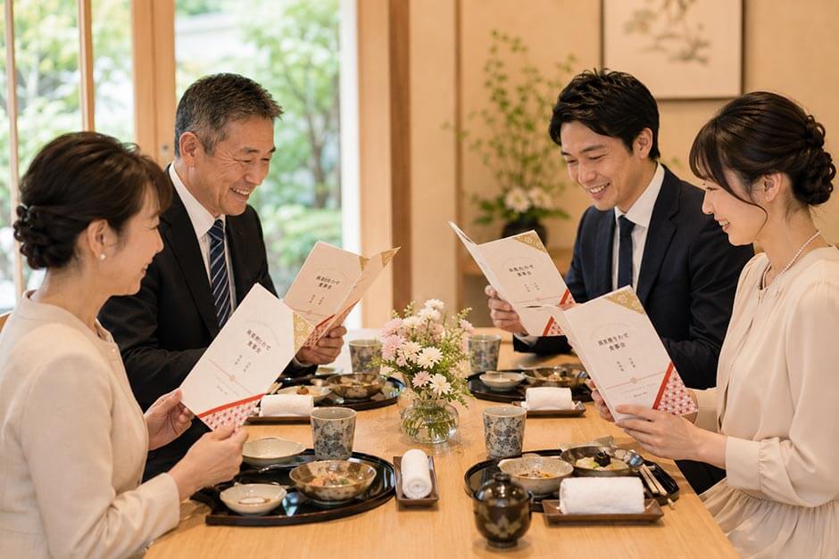 顔合わせのしおりを見ながら、両家で会話を楽しんでいる様子