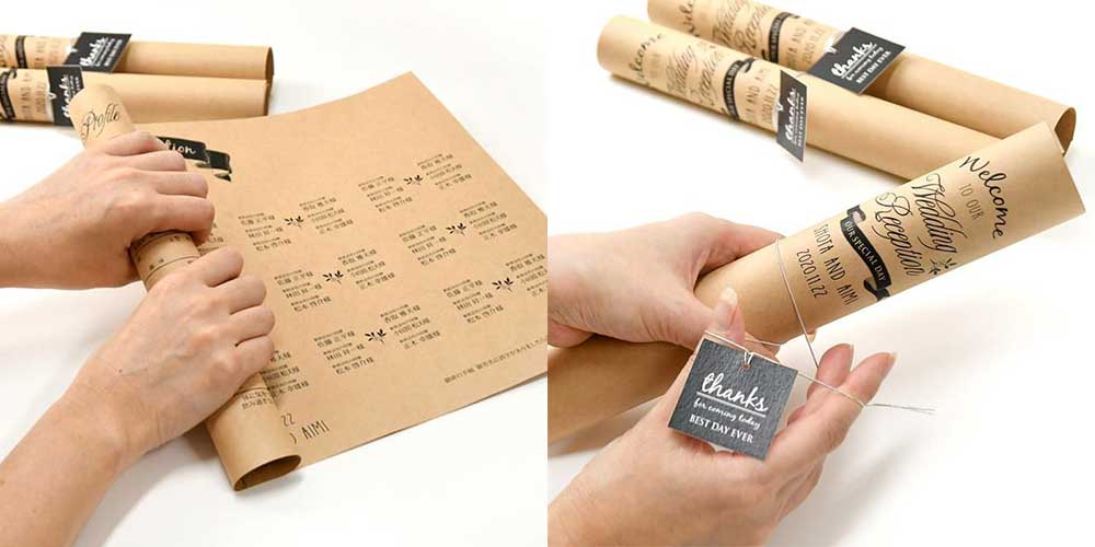 席次表をくるくる巻いてゴムで留めて仕上げる