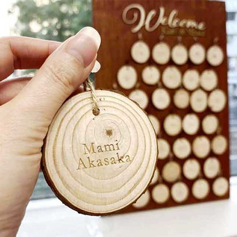 丸い形がかわいい木の切り株風エスコート席札