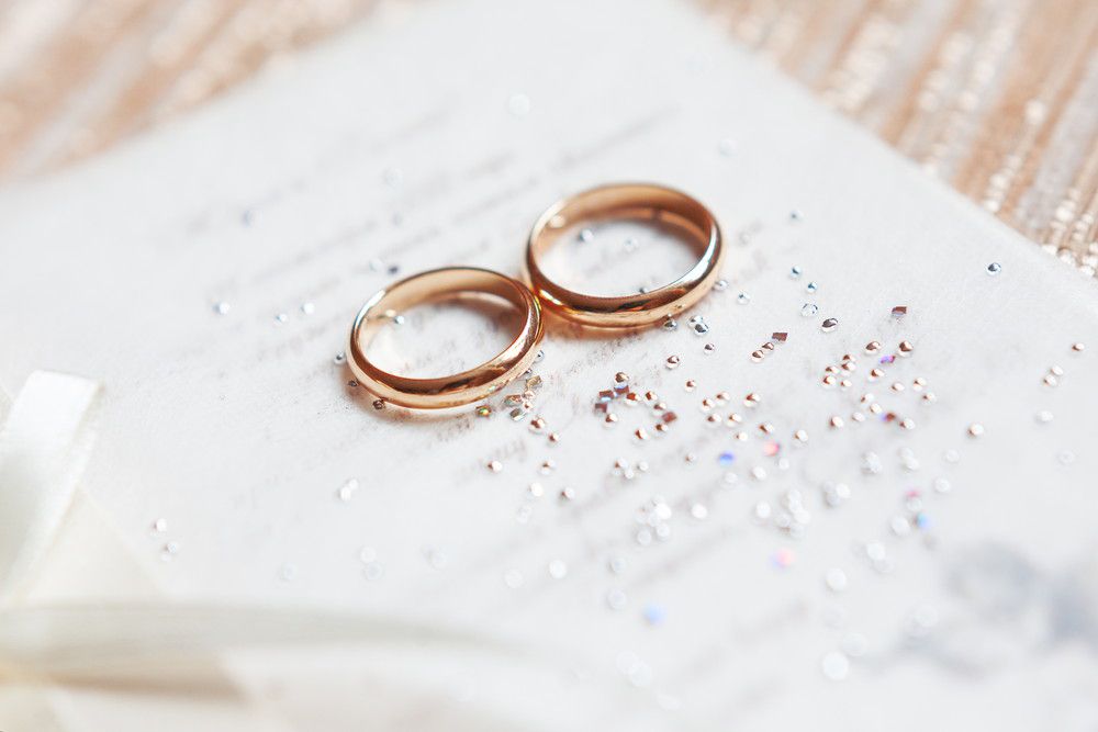 結婚証明書とゴールドのペアリング