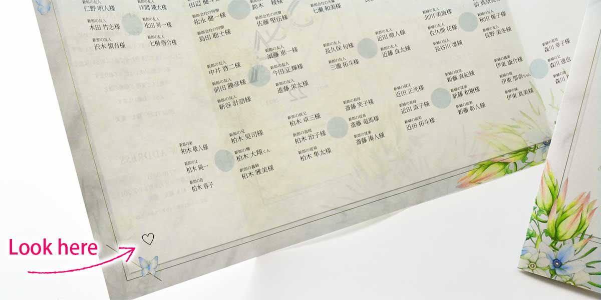 席次表の端っこに小さく当たりのハートマークを書いている