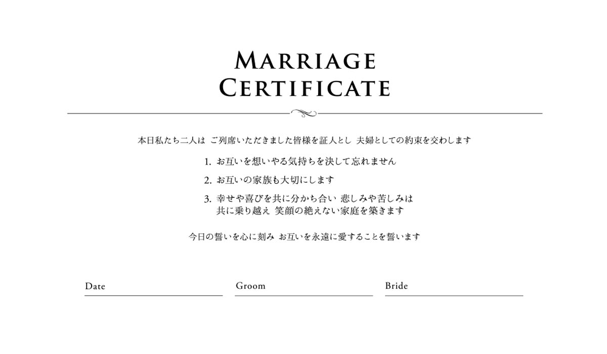 箇条書きの誓いの言葉が書かれた結婚証明書