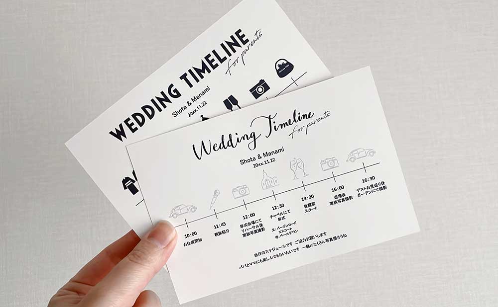 印刷した両親用タイムラインを手に持っている