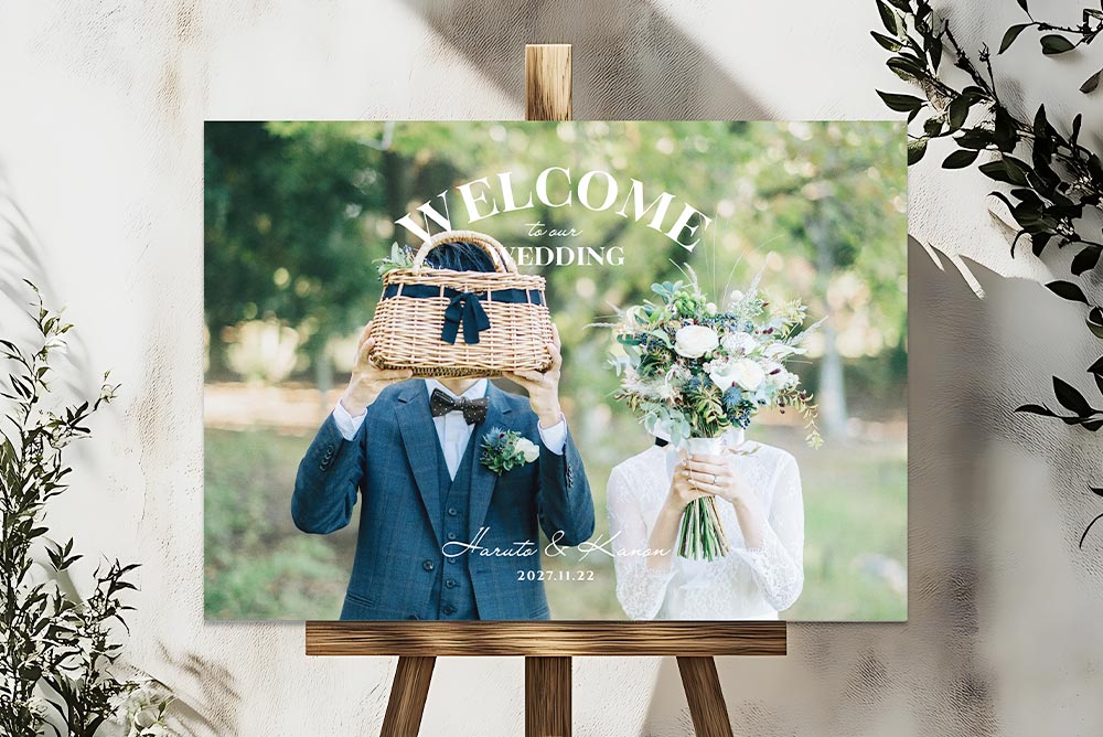 コッパースタンドに吊るした写真ウェルカムボード
