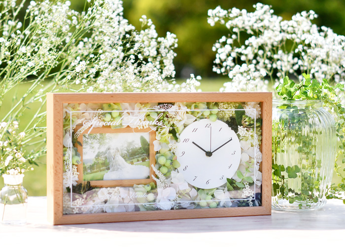 花時計フォトフレーム付【木製無垢材】