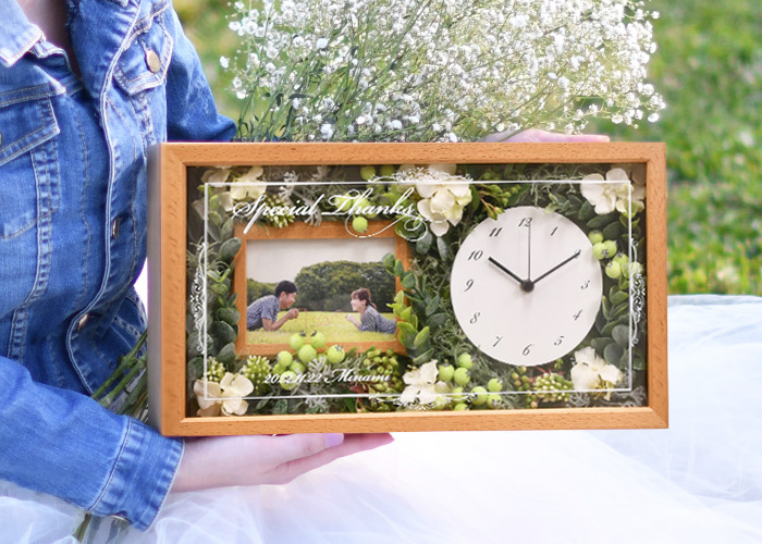 花時計フォトフレーム付【木製無垢材】