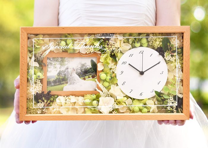 ナチュラル無垢材花時計フォトフレーム付き贈呈品