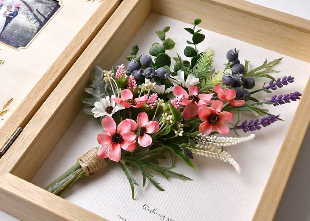 木製子育て感謝状ボックスフレームブーケピンク