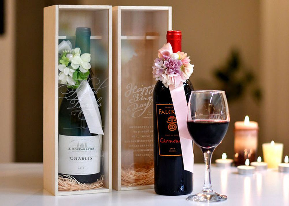 【お祝い・お礼ギフト】メッセージ入りレーザー彫刻ワイン用木箱（アクリル）手提げ袋付